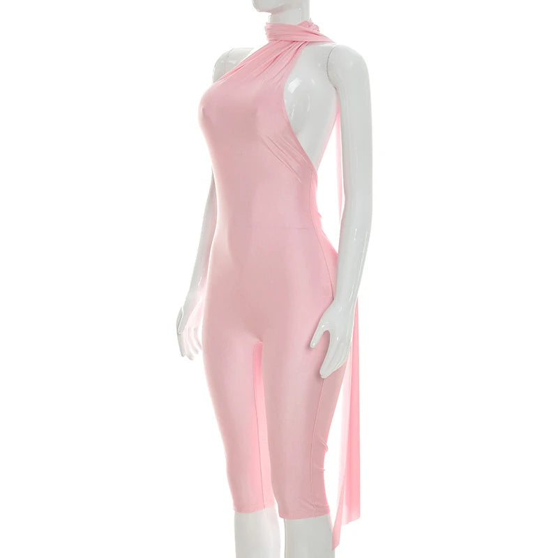 Women Fashion Overalls Playsuits Beach Vacation Clubwear Sexy Backless Ruched Halter Neck Tie Solid Slim Fit Capris Jumpsuit