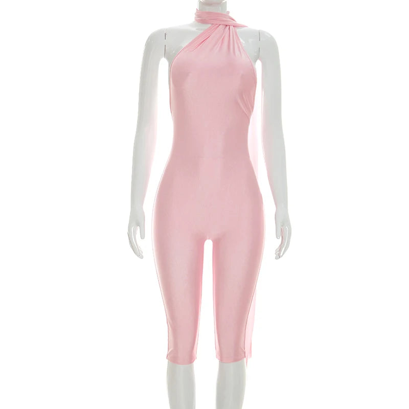 Women Fashion Overalls Playsuits Beach Vacation Clubwear Sexy Backless Ruched Halter Neck Tie Solid Slim Fit Capris Jumpsuit