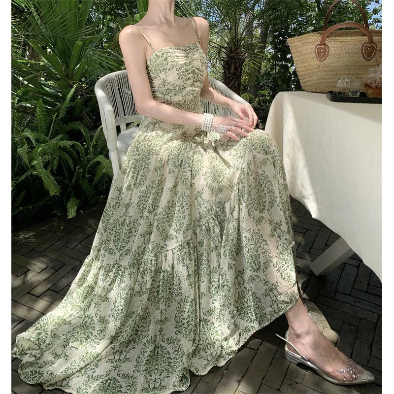 Dress Women Sling Dresses A Line Print Floral Pleated Sleeveless Backless Slim Fit Tight High Waist Long Vestidos Elegant Splice