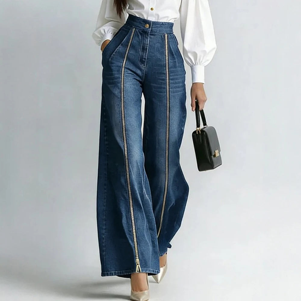 Women's Stylish Double Gold Zipper Denim Jeans Casual High Waist Vintage Straight Tube Wide Leg Flared Streetwear Denim Trousers