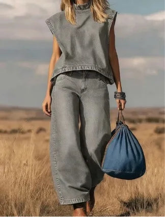 Denim Pant Set Women 2 Piece Sets Mock Neck Sleeveless Vests Wide Leg Pants Ankle Length Y2k Streetwear Vintage Washed Summer