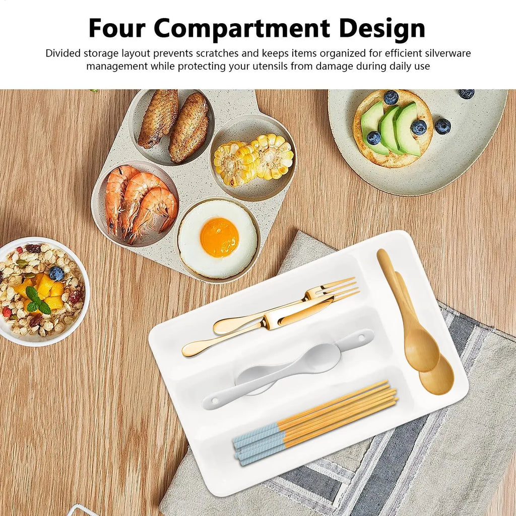 Compact Silverware Organizer with 4 Compartments Flatware Holder, Kitchen Cabinet Countertop Storage Solution Home College Use