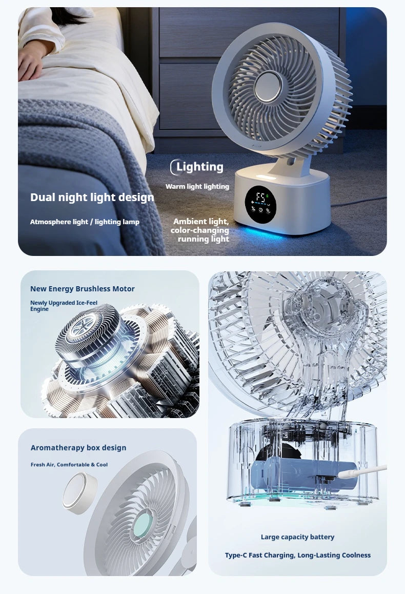 HOMEFISH USB Rechargeable Wall‑mounted Fan Foldable Swivel Portable Fan Built‑in Night Light Household Air Cooling Fan