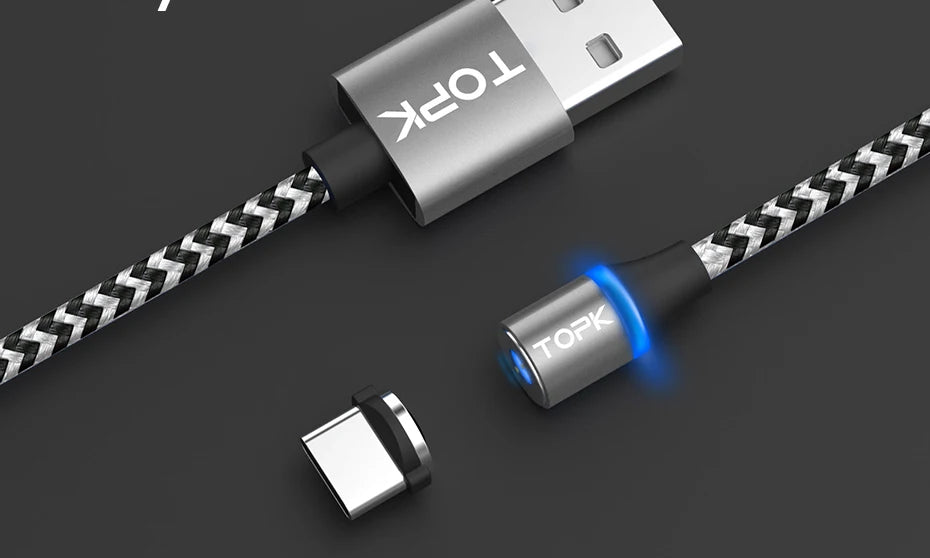Magnetic Charging Cable 3 IN 1 TOPK 360 Rotation Magnetic Phone Charger Cable with LED Light for Micro USB Type C Cable