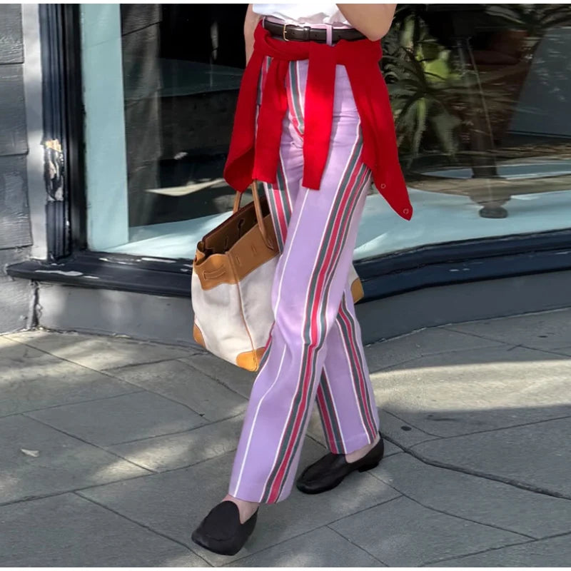 Striped Zipper High-Waisted Trousers Slim Fit Flare Leg Double Pocket 2026 Summer Casual Women Bottom Fashion Chic Lady Pants