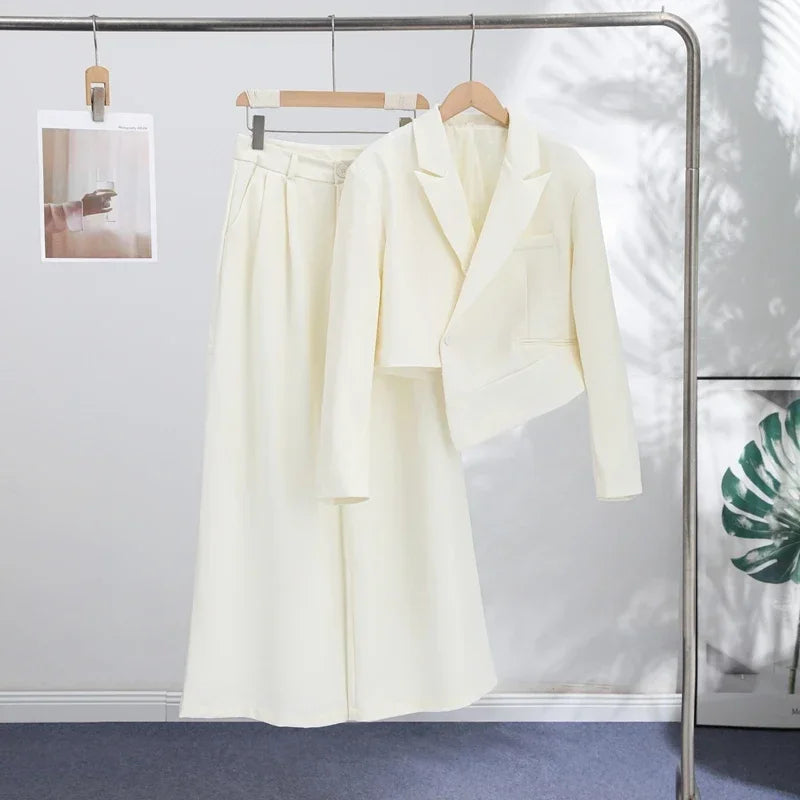 Pockets Loose Turn-down Collar Women Set Irregular Lapel Crop Suit Jacket Pleated Wide Leg Pants 2026 Spring Autumn Outfits