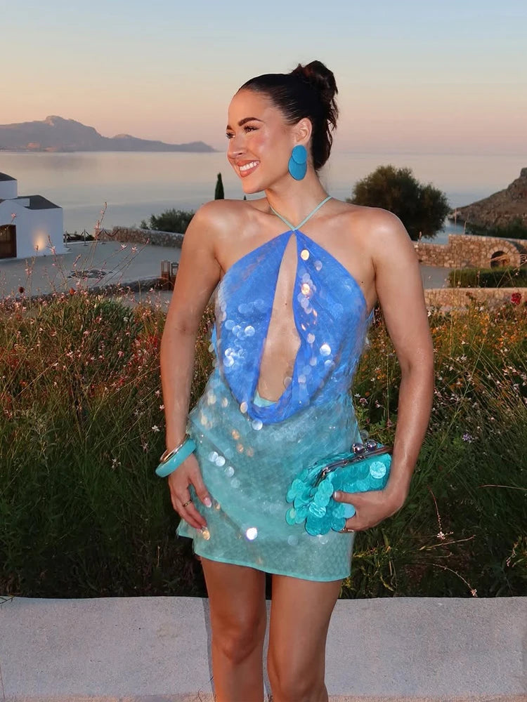 Women's 2026 Light Blue Halter Sequin Dress Sleeveless Loose Large Sequin A-Line Mini Dress Summer Evening Party Shining Gown