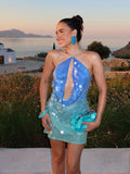 Women's 2026 Light Blue Halter Sequin Dress Sleeveless Loose Large Sequin A-Line Mini Dress Summer Evening Party Shining Gown