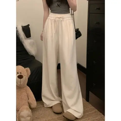 Women Lace Trim Wide Leg Pants Elastic Drawstring Waist Loose Casual Trousers Multiple Colors