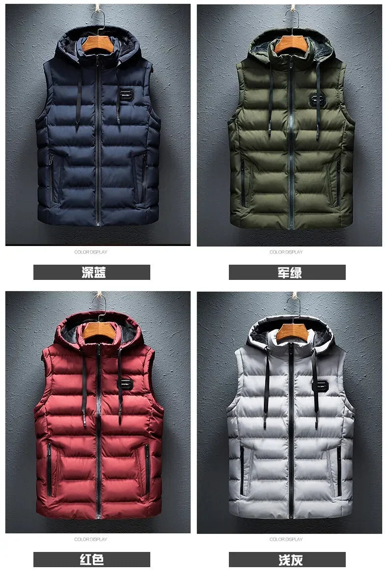 Fashion Warm Hooded Male Winter Vest Light Plus Size Mens Work Vest Waistcoat Hooded New Fleece Autumn Sleeveless Jacket for Men