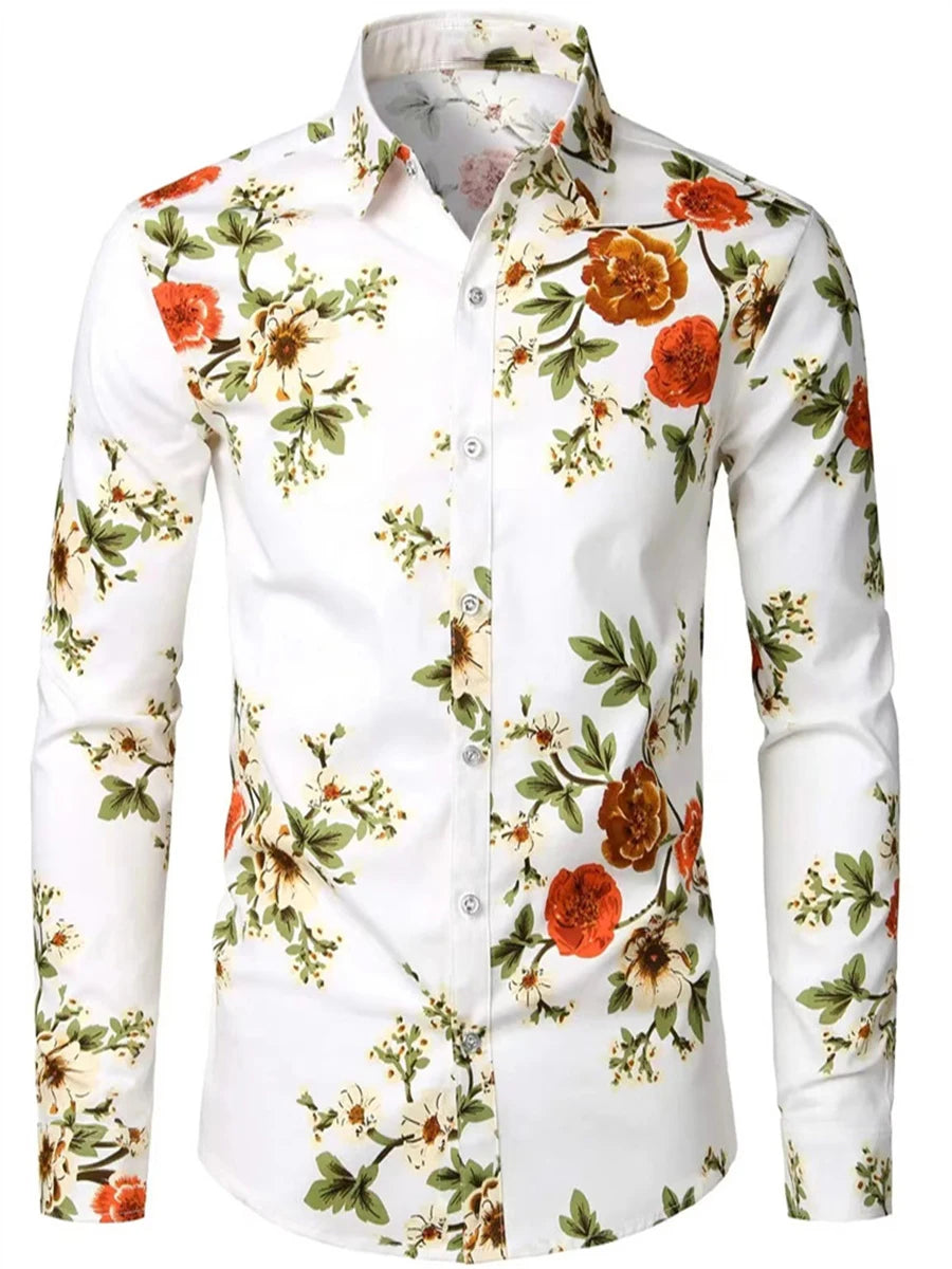 Spring and Autumn Men's Casual Outdoor Luxury Suit Lapel Shirt Long Sleeve Soft Comfortable Material Floral Rose Red HD Pattern