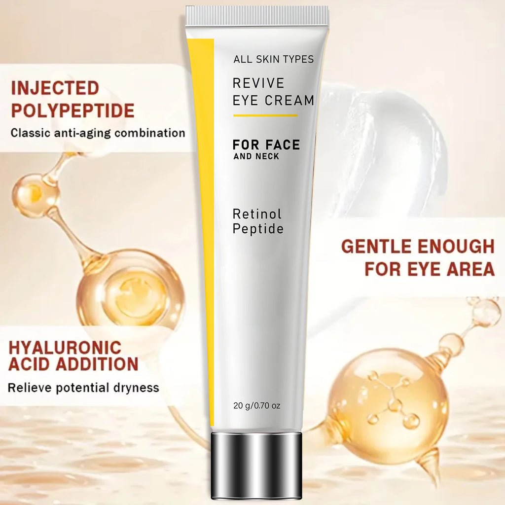 Revive Polypeptide Eye Cream. Retinol Peptide Anti-Aging Formula. Gentle Face Neck Care. Hyaluronic Acid Hydration. 20g