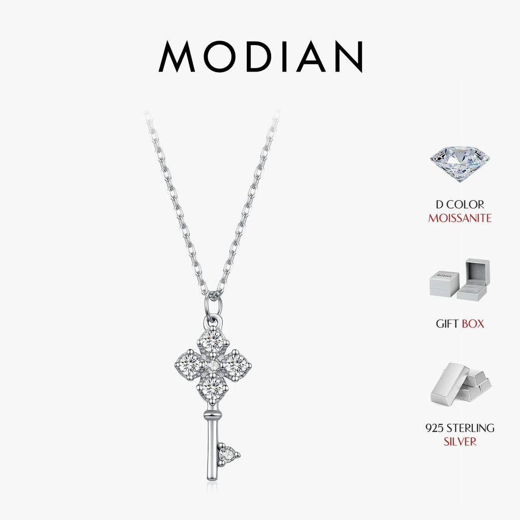 MODIAN D Color Moissanite Four Leaf Clover Key Pendant Necklace 925 Sterling Silver Lab Diamond Chain Fine Jewelry For Women