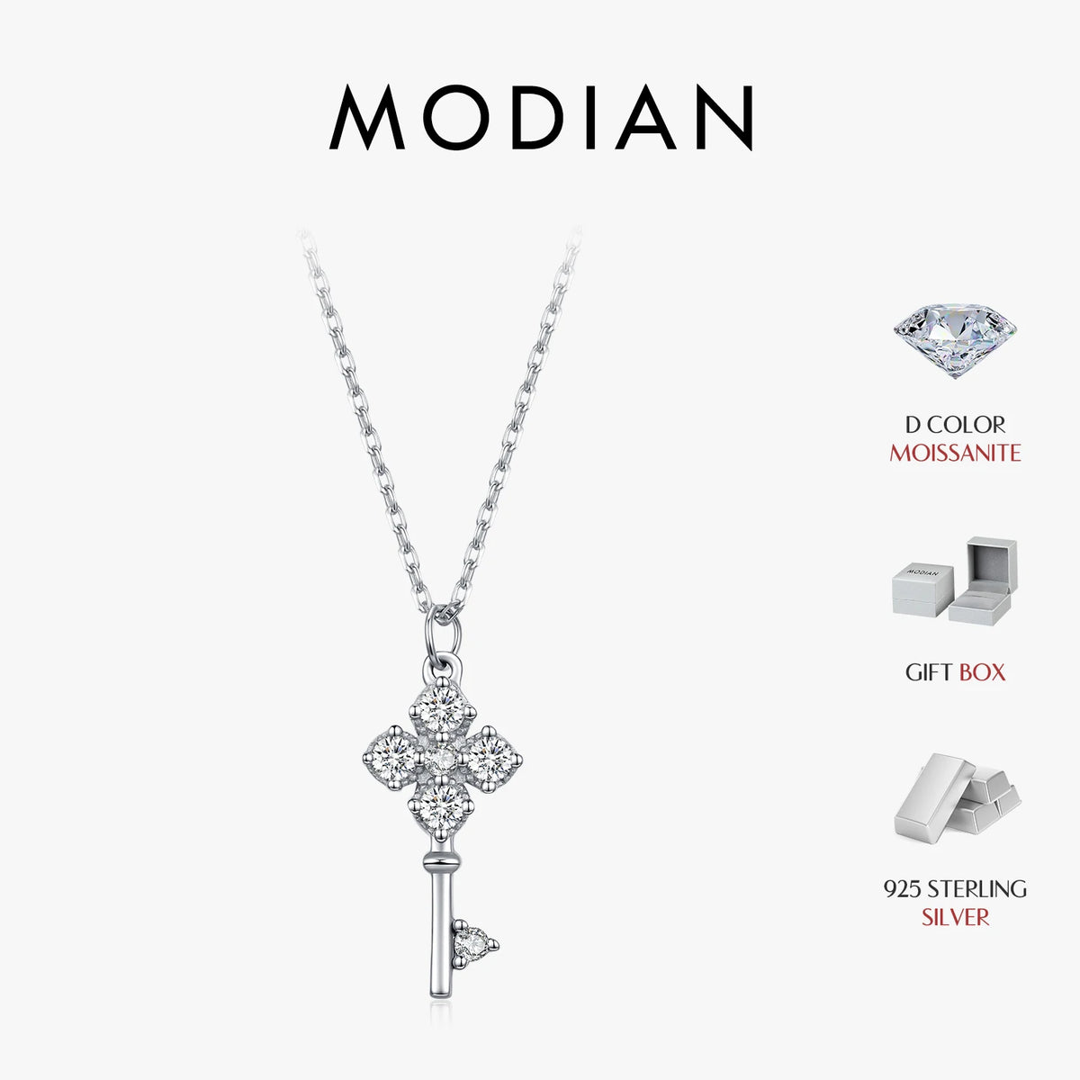 MODIAN D Color Moissanite Four Leaf Clover Key Pendant Necklace 925 Sterling Silver Lab Diamond Chain Fine Jewelry For Women