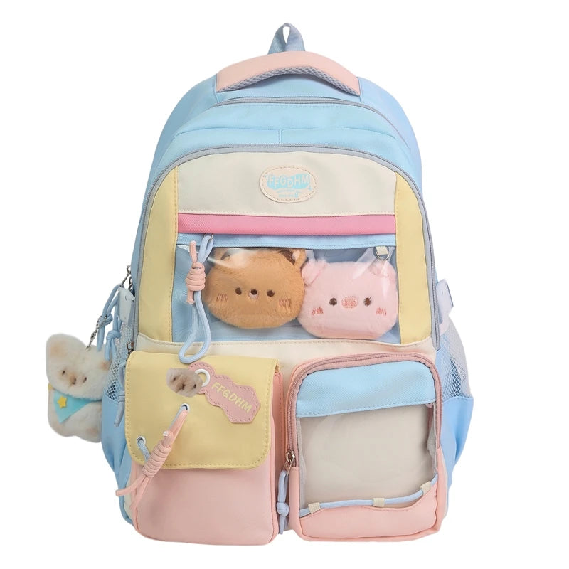 Women's Pastel Color Block Backpack Clear Display Pockets Plush Charm Bow Detail Adjustable Strap Casual Daily Itabag School Bag