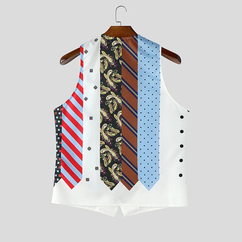 INCERUN Men's Vests Tie Printing V Neck Sleeveless Vintage Casual Male Waistcoats Streetwear Fashion Men Clothes Vests For Man