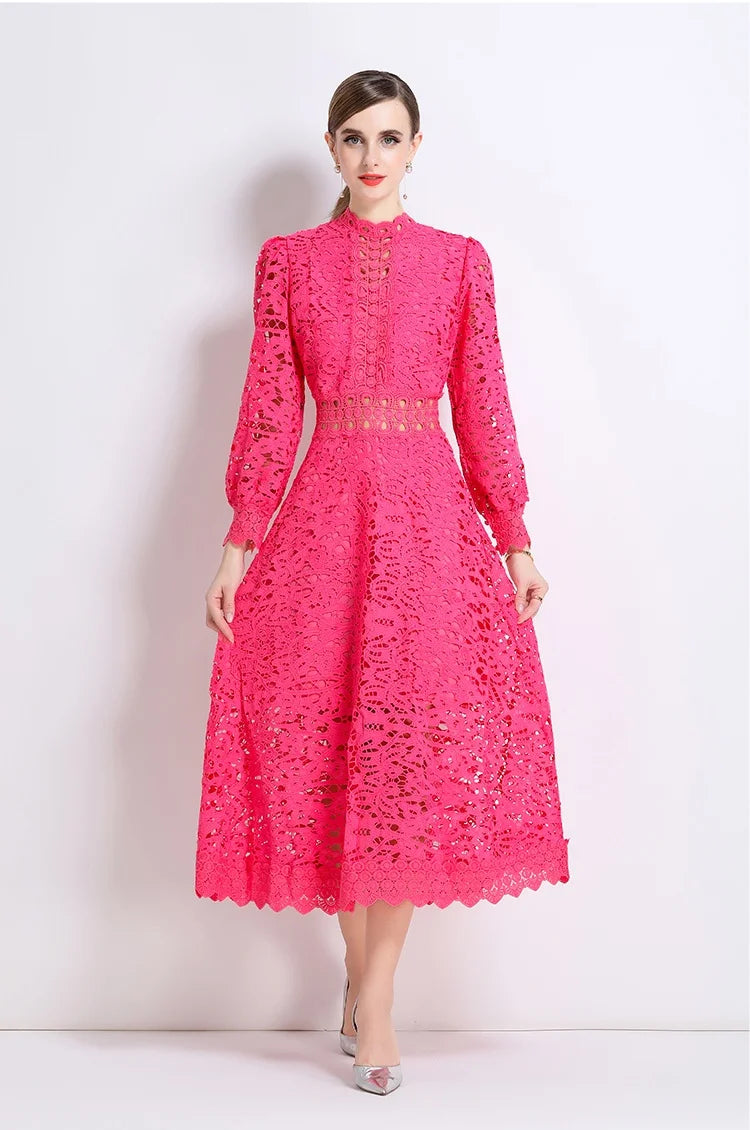 Solid Lace Holloe Out Slimming Elegant Dresses For Women Stand Collar Long Sleeve High Waist Minimalist Dress Female Fashion