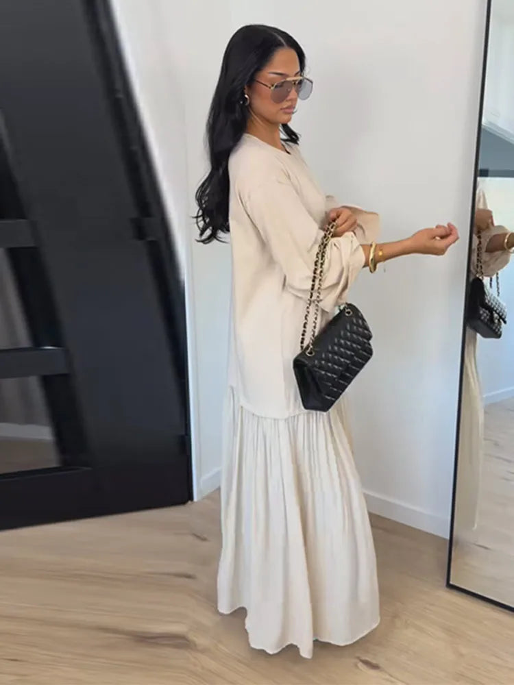 Solid Color Loose Fit Flare Sleeve Tiered Dress Crew Neck Ruffle Hem Pleated Long Maxi Dresses 2026 Spring Chic Casual Outwear