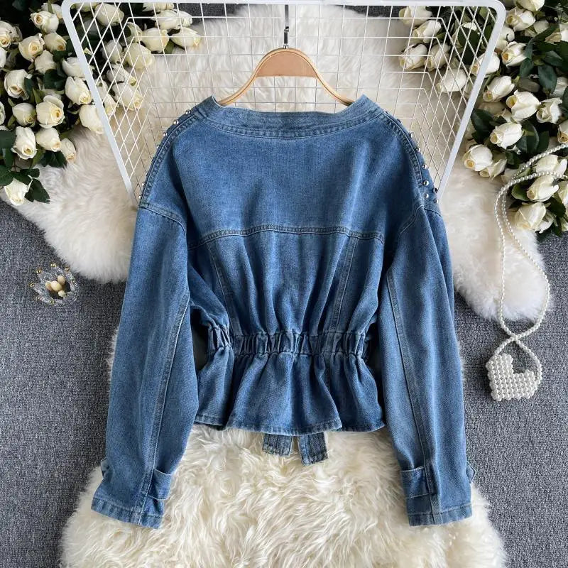 Design Inspired Denim Jacket For women 2026 Spring Autumn New Heavy Industry diamond Studded Nail bead Slimming Long sleeved Top
