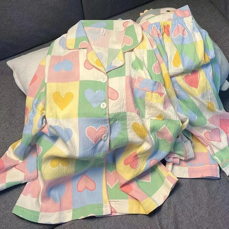 Y2K Colourful Love Plaid Print Women's Pajamas Harajuku Style Sweet Cute Sleepwear Women's New Spring Kawaii 2 Piece Pajamas Set