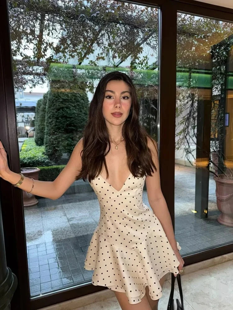 HH Women Elegant Spaghetti Strap V-Neck Dress Fashion Polka Dot Print Slim Fit White Ruffle Dress 2026 Summer Sexy Beach Wear