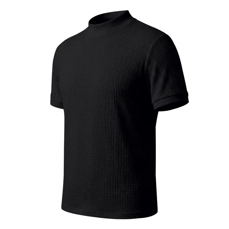 Men Summer Solid Jacquard Textured Mock Neck Short Sleeve T Shirt Slim Fit Simple Versatile Casual Daily Male Basic Tees
