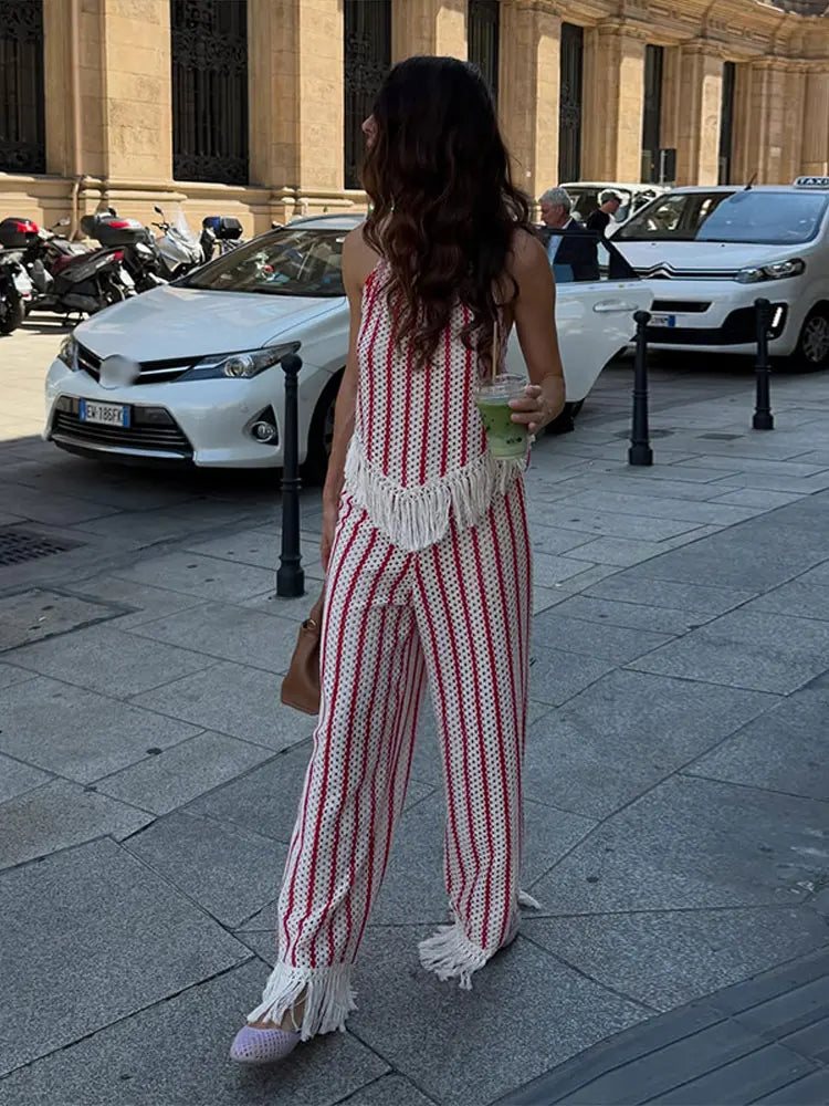 Halter Vertical Striped Fringe Two Piece Set Sleeveless Tank Top Loose Wide Leg Pants Women 2026 Summer Holiday Beach Chic Suit