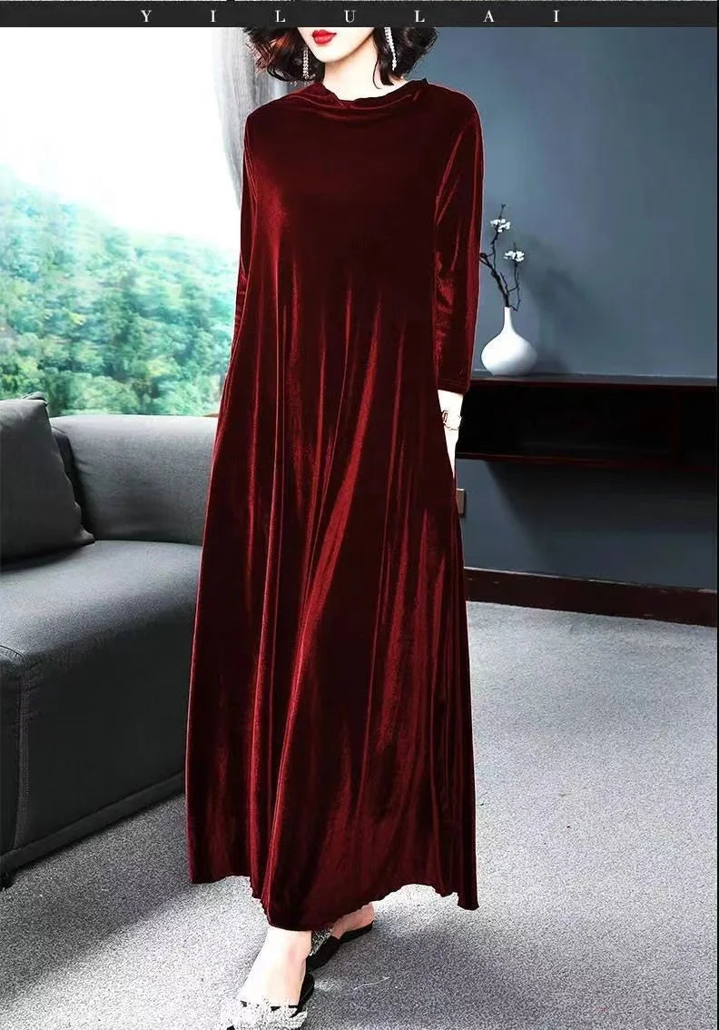 Elegant Velvet Long Dress for Middle-Aged And Elderly Women Autumn New Style Korean Version Loose Fit Long Sleeve Dress