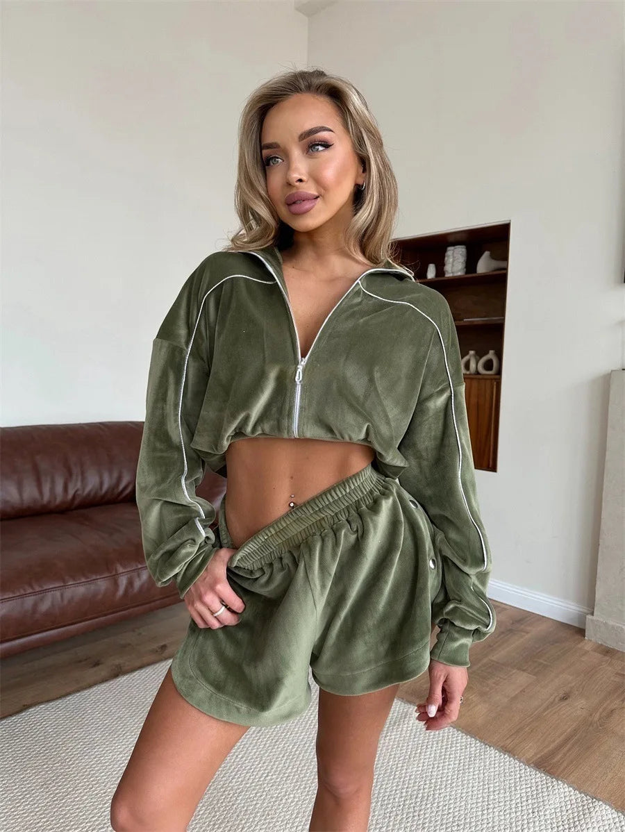 Summer Women Long Sleeved Zipper Two Piece Sets Top Elastic Shorts Outfits Fashion Striped Casual Suits Lapel Tracksuits 2026