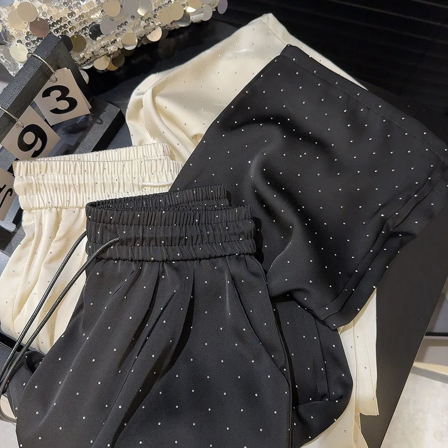 2026 High Quality Luxury Full Rhinestone Wide Leg Pants Fashion New Drawstring High Waist Straight Pants Ladies Casual Trousers
