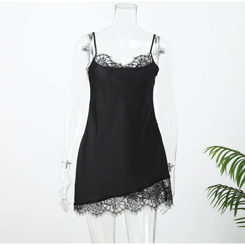 Black Lace Trim See Through Sling Dress Women Waist Cinched Slim Fit Sleeveless Vestidos 2026 Lady Daily Party Short Gowns