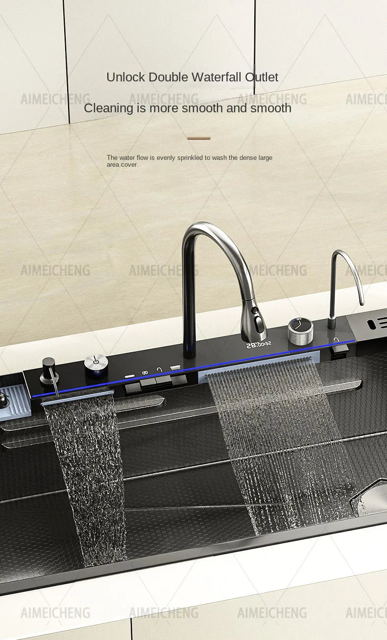 Hot Selling Stainless Steel Waterfall Kitchen Sink With Knife Holder Digital Display Faucet Set Embossed Extra Large Single Slot