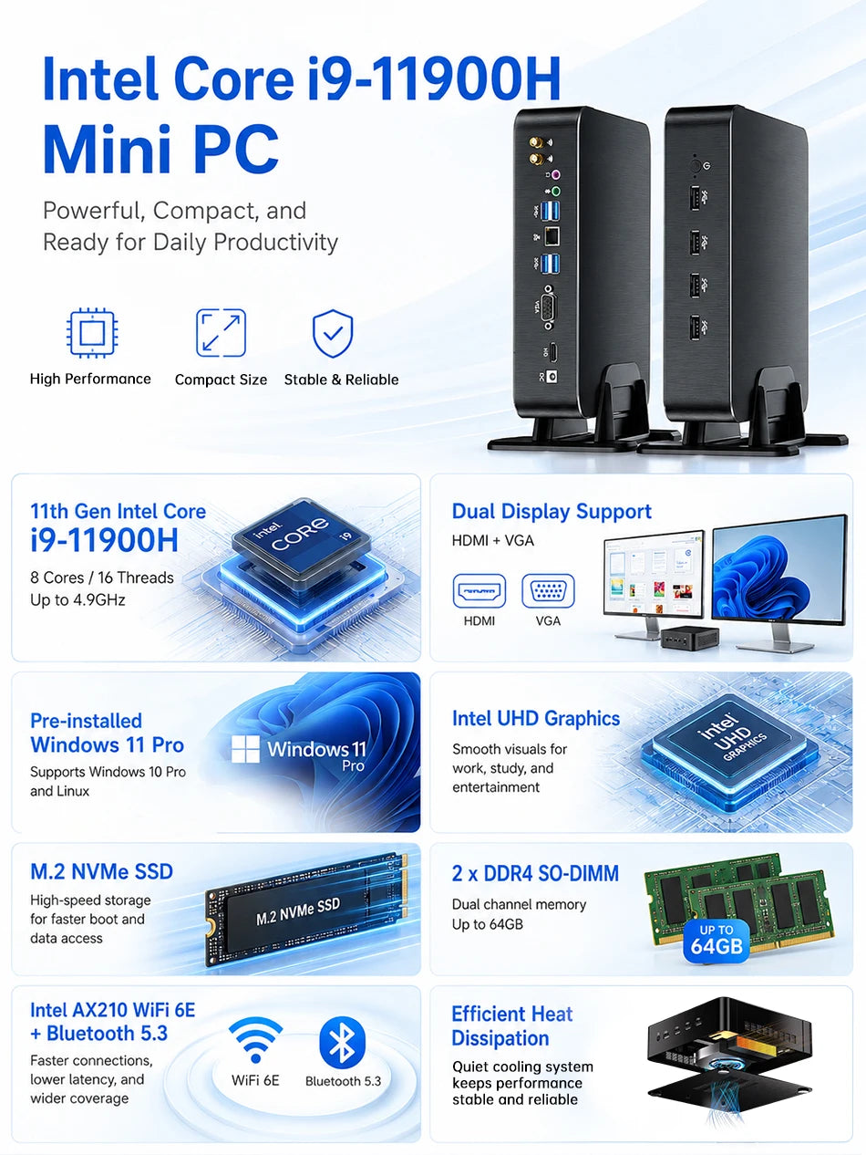 MSECORE Intel I9-11900H Mini PC Windows 11 Gaming Desktop Computer Portable PC Office HTPC Barebone System NVME 4K WIFI6E BT5.3