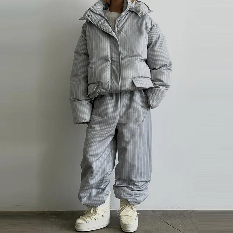Street Striped Women's Cotton Coat Trouser Suits Hooded Zippers  Autumn Winter Thicken Lady Set 2026 Chic Female Outfits