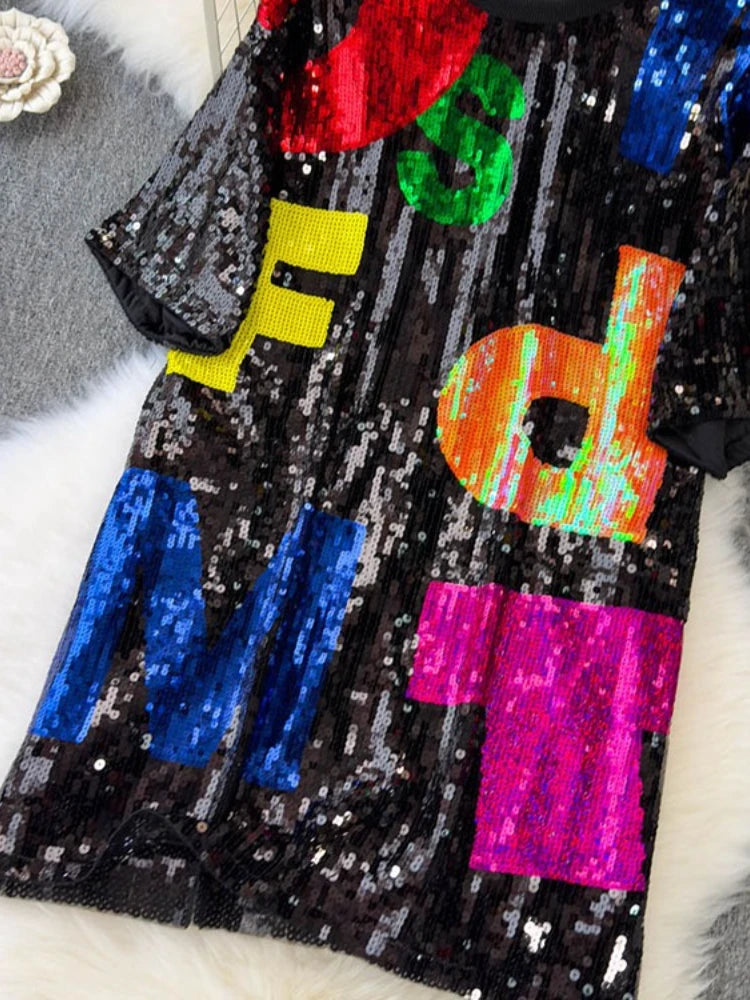 Korean version medium to long loose and lazy T-shirt women half sleeved paired round neck sequined letter top dance outfit