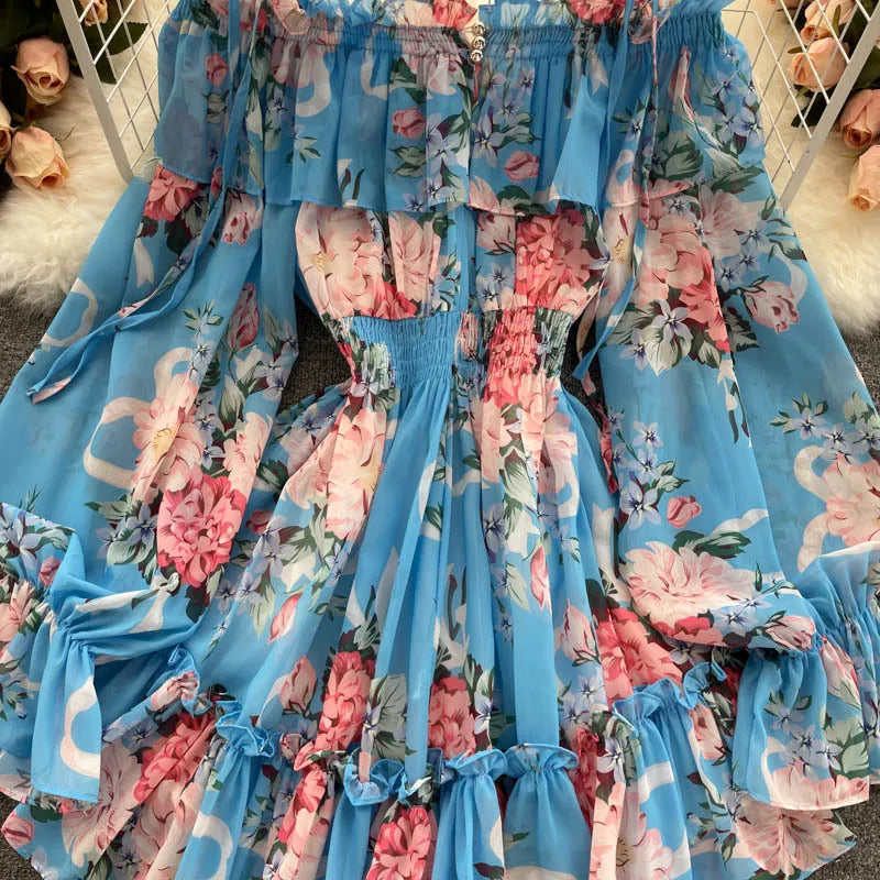 2025 New Retro Summer Beach Vacation Dress Women Sexy Strapless Lantern Sleeve Sweet Floral Jumpsuit Short Chiffon Print Dresses