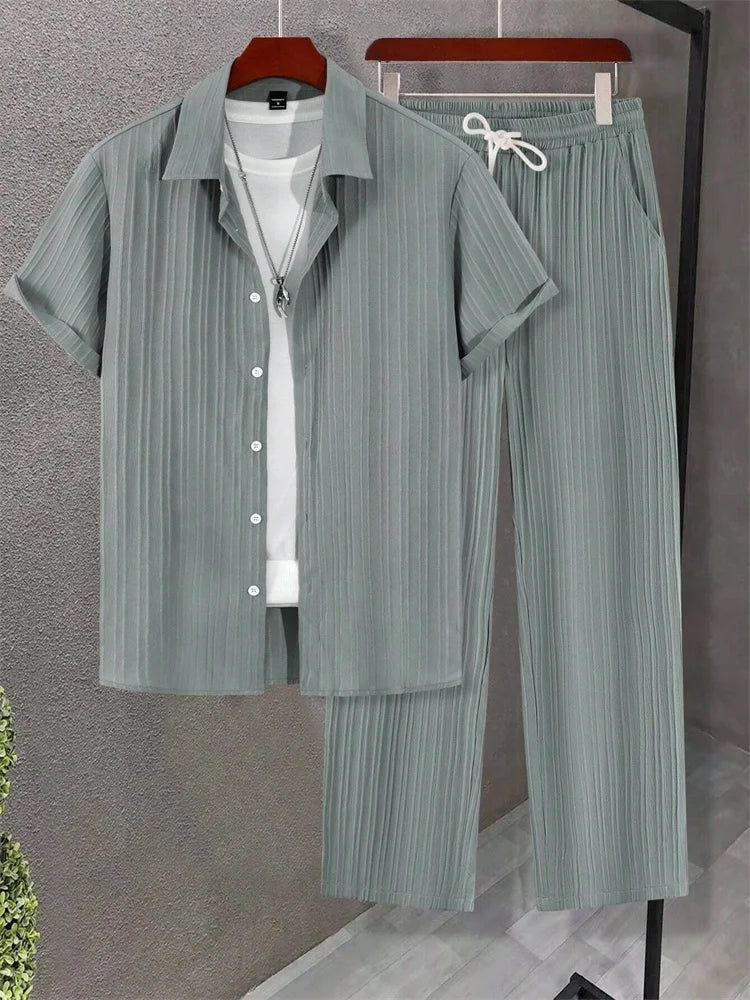 2025 Autumn Simple Solid-color Shirt 2 Pieces Long Pants Set, Urban Street Fashion Simple Men's Shirt And Long Pants Set