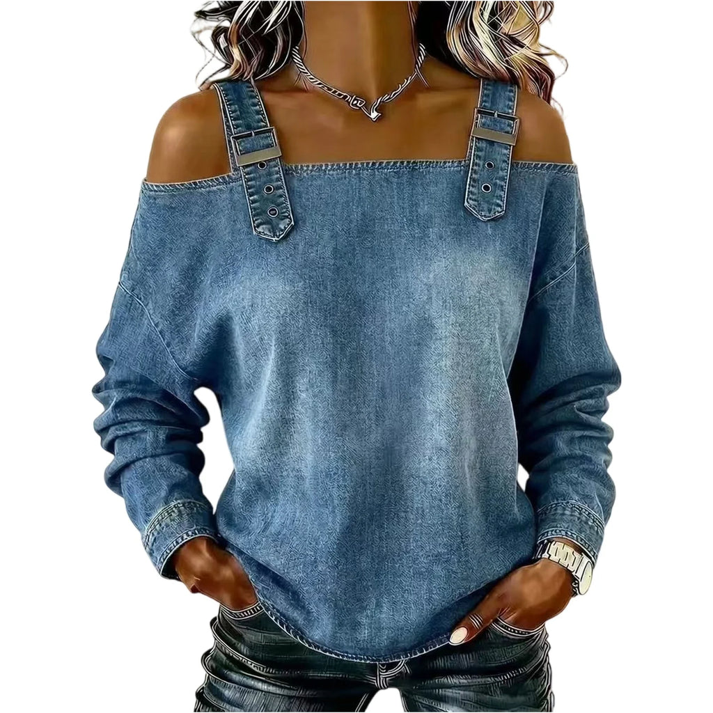 Women's Denim Top, Stylish Off-the-shoulder Long-sleeved Top with Shoulder Straps, Elegant and Versatile Denim Shirt, Streetwea