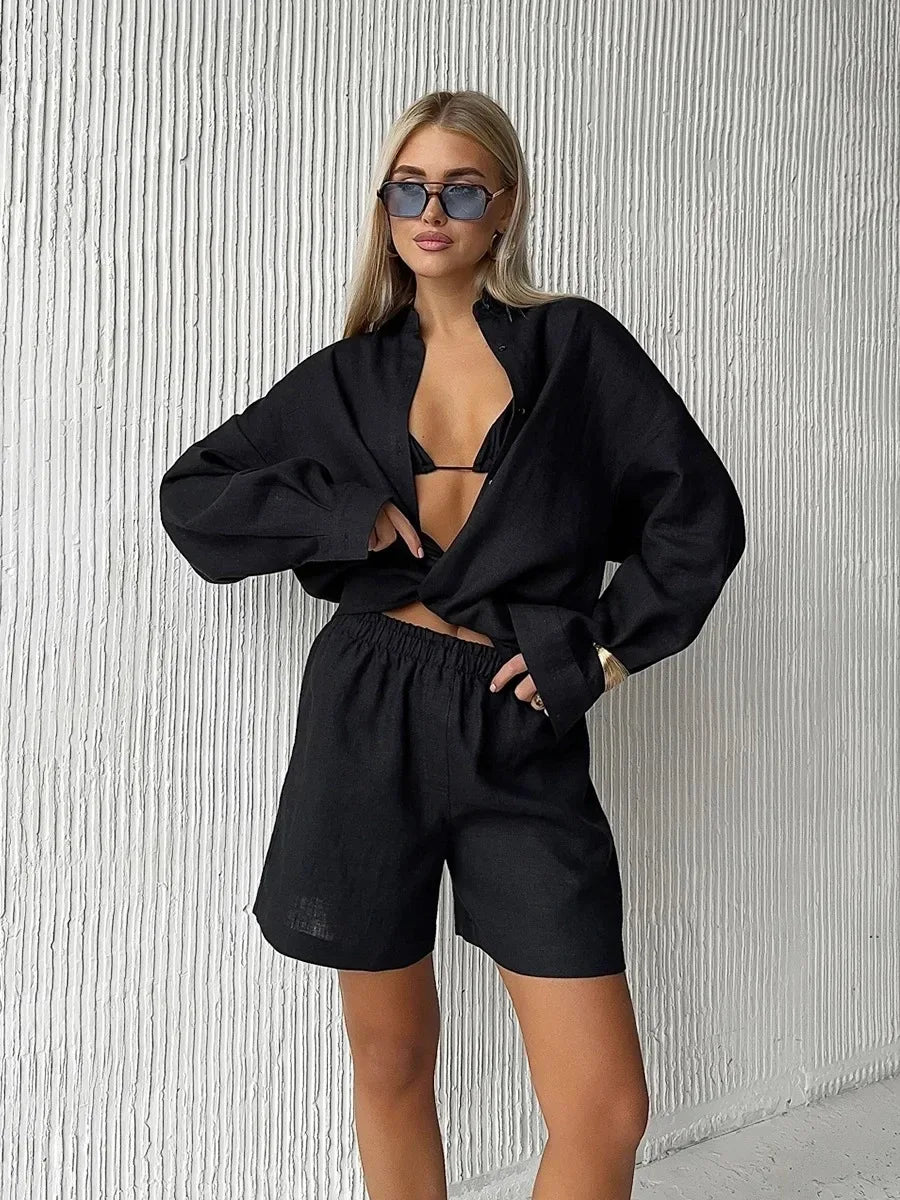 Women 2 Piece Shorts Set Casual Solid Loose Holiday Tracksuit Long Sleeve Cardigan And High Waist Female Shorts Sets 2025 Summer