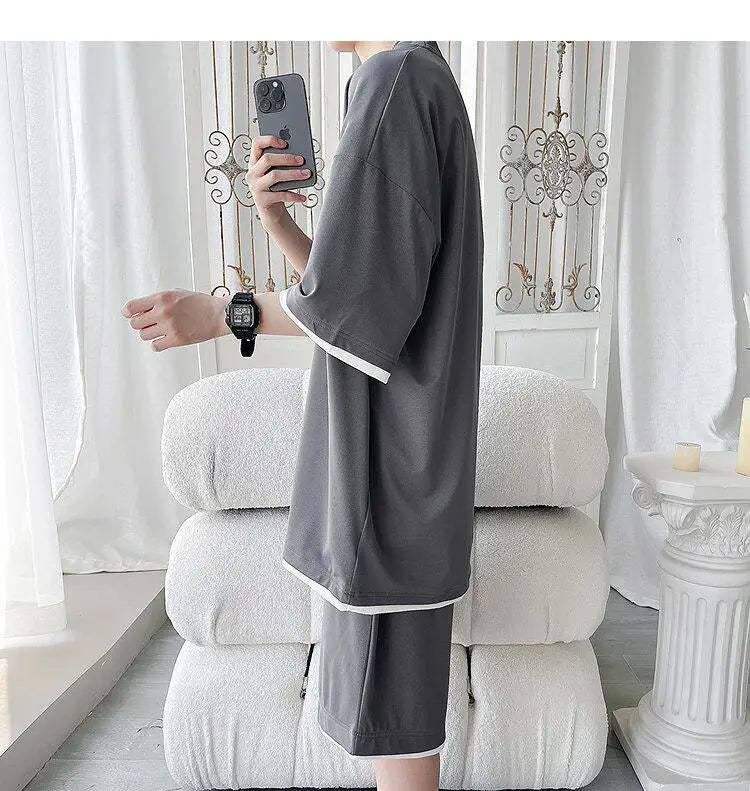 Men's Solid Color 2-Piece Outfit Short Sleeve T-Shirt & Drawstring Elastic Waist Shorts Set Casual Lounge & Streetwear Clothing