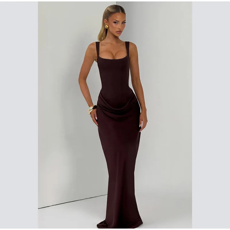 Solid Pleated Sling Dress Women Square Neck Sleeveless Backless Waist Cinching Bodycon Dresses Lady Summer Evening Party Gowns
