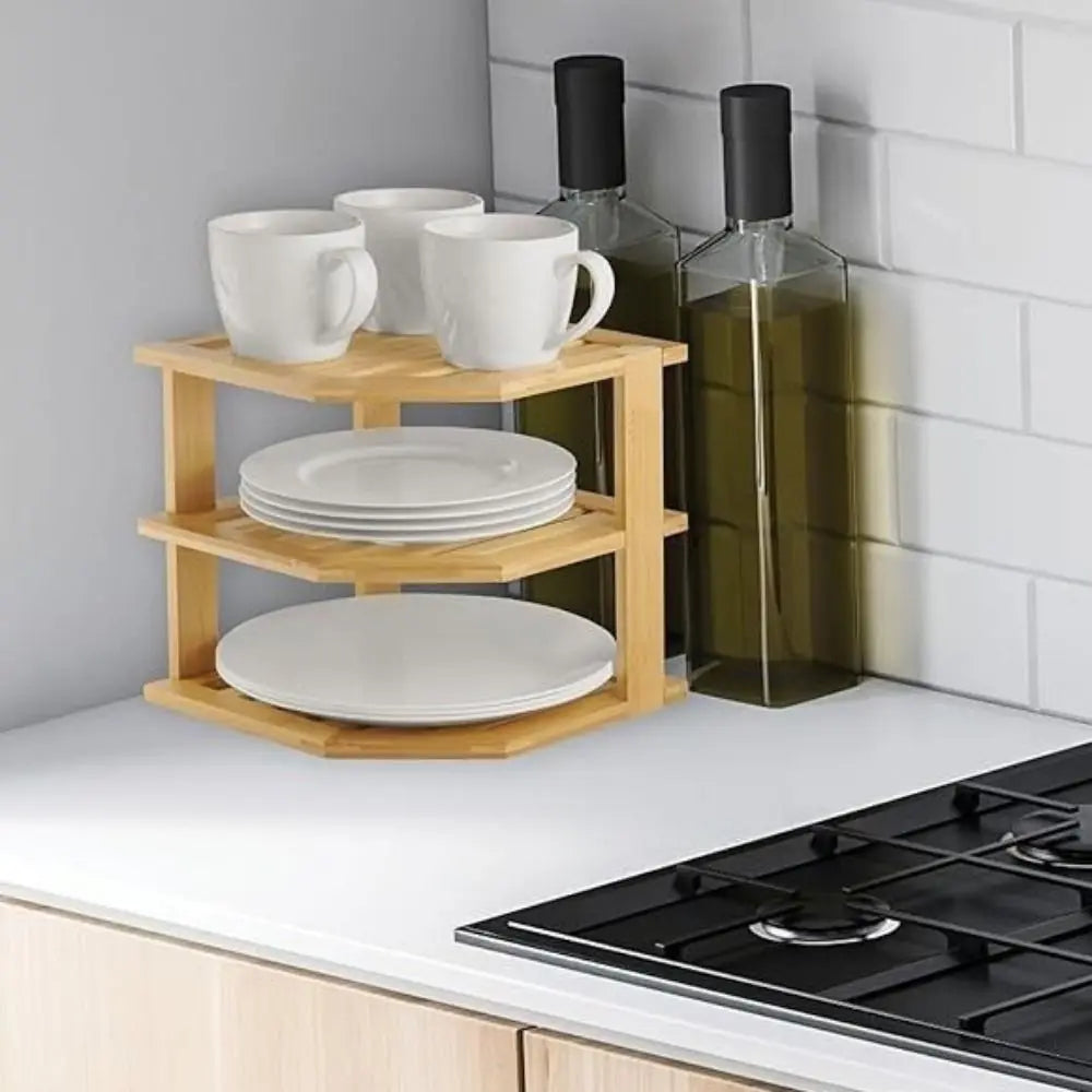 3 Tier Cabinet Organizer Shelf for Kitchen Storage Sturdy Plate Organizer Bamboo Corner Shelf Dish Rack for Cabinet Countertop
