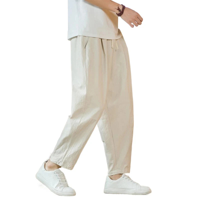 New Cotton Linen Mens Pants Casual Solid Color Breathable Streetwear Loose Straight Drawstring Baggy Lightweight Sport Pants