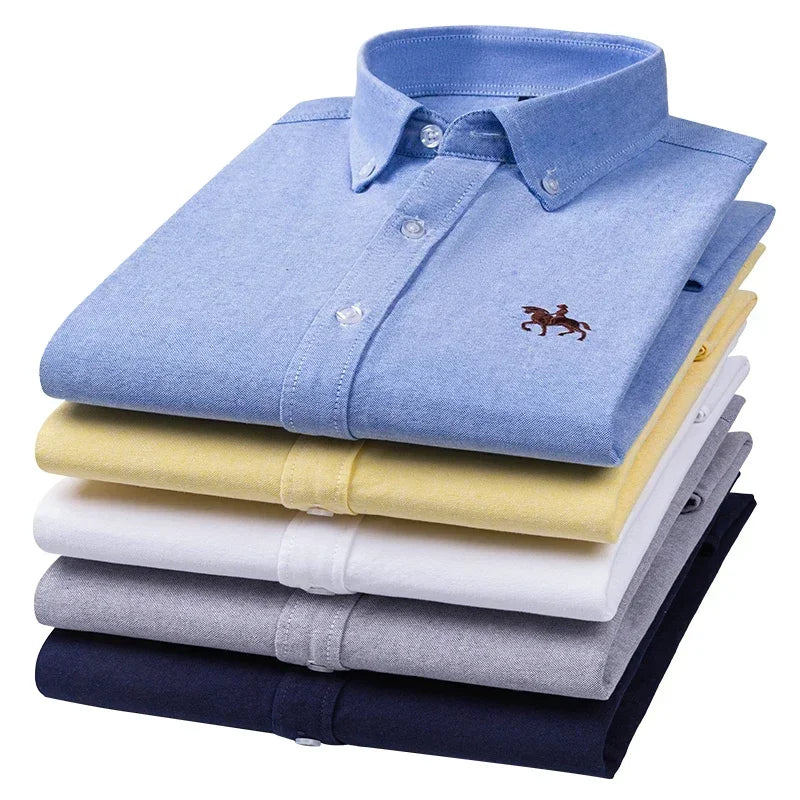 100% Pure Cotton Men's Long Sleeve Shirt Business Casual Solid Color Embroidered Oxford Spun Shirt