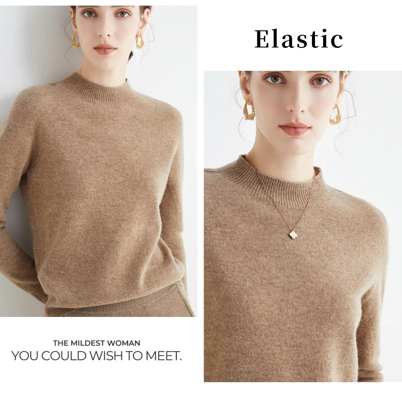 First-Line Seamless Women's Half-Turtleneck 100% Pure Wool Sweater Solid Color Long Sleeve Pullover Knitted Bottoming Sweater