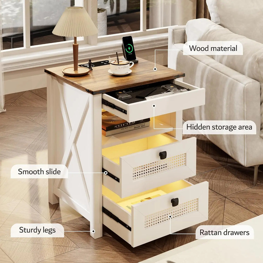 LED Nightstand with Gun Drawer & Charging Station | Human Sensor Lights, Hidden Storage, Farmhouse Rattan Style, 3 Drawers, Beds