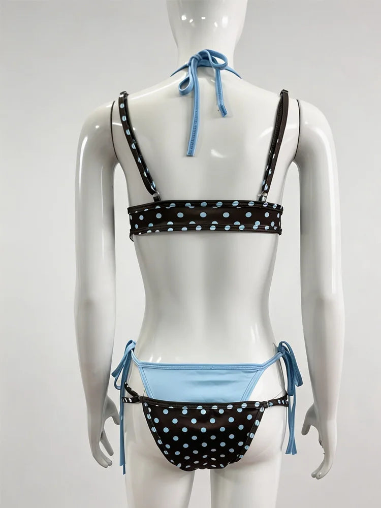 2026 Summer Polka Dot Bikini Set Women's Blue Contrasting sexy Spicy Girl Retro Polka Dot Vacation Swimsuit Lace up Split Swimsu