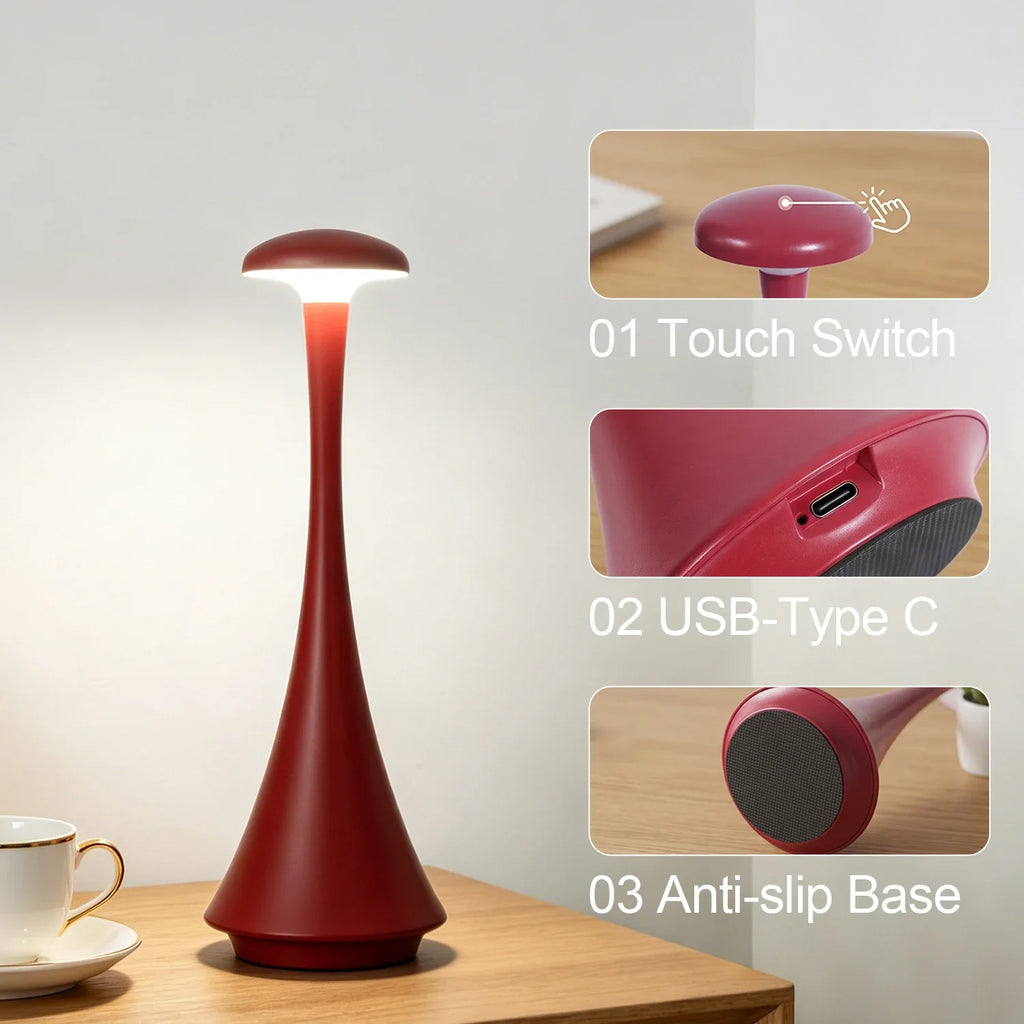 GGbingo Mushroom Table Lamp Rechargeable Wireless Touch Lamp Creative Desk Lamp USB-C Desk Lamp Bedroom Atmosphere Light