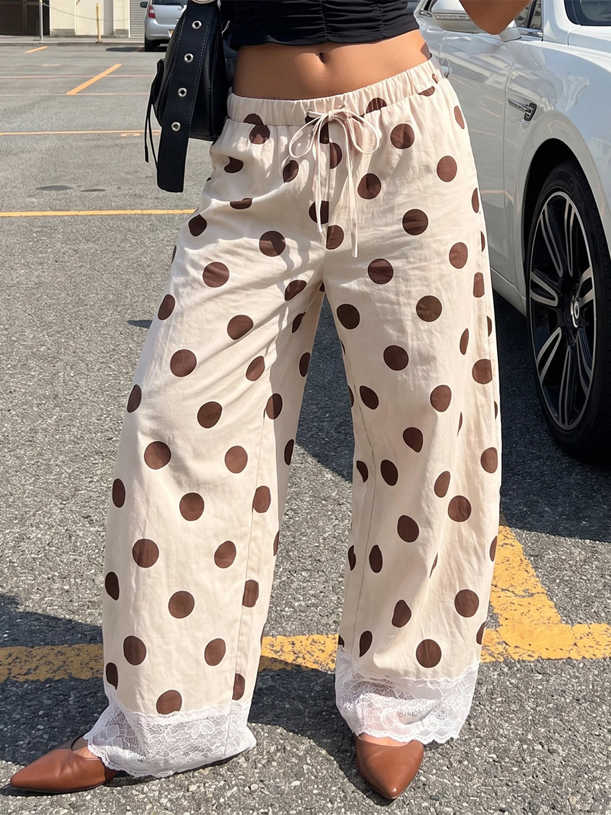 Women Y2K Retro Polka Dot Pants Lace Hem Elastic High Waist Drawstring Loose Fit Trousers Sweet French Style Vacation Bottoms