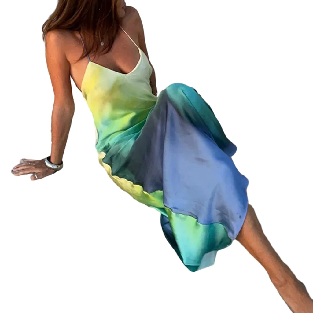 Women's Summer Cami Long Dress Spaghetti Strap V-Neck Backless Beach Party Dress Sundress Beachwear